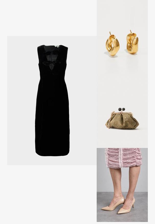 Robe en velours noir à design sans manches, dotée d'un col rond et de trois accents en forme de nœud texturé à l'avant. Dos zippé.; Talons hauts en cuir verni beige avec une pointe fine et un talon élancé. Texture lisse avec un design épuré. Portés avec une robe rose pailletée.; Petite pochette avec motif géométrique doré et noir, cadre en métal doré, fermeture à boule noire et une courte chaîne dorée.; Boucles d'oreilles créoles en or massif avec un design tubulaire légèrement tordu et des fermoirs à tige sur un fond blanc.