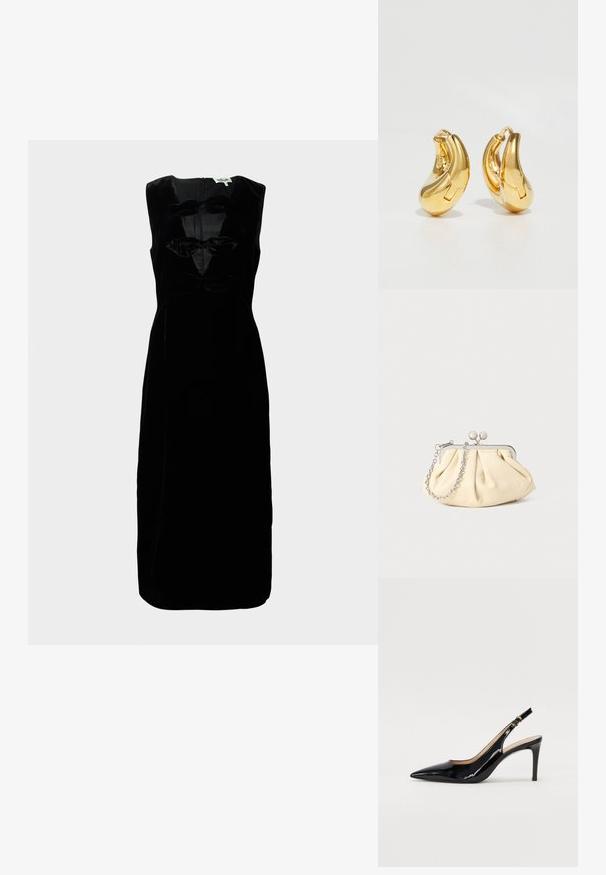 Robe en velours noir à design sans manches, dotée d'un col rond et de trois accents en forme de nœud texturé à l'avant. Dos zippé.; Pompe slingback en cuir verni noir avec un bout pointu, un talon fin et un design de découpes subtil. Elle dispose d'une boucle dorée sur la sangle.; Pochette en cuir beige plissé avec un cadre en métal argenté, dotée de deux fermoirs ronds décoratifs et d'une chaîne en argent.; Boucles d'oreilles en or en forme de d'anneaux lisses et courbés avec une finition polie. Équipées d'un mécanisme de fermeture et de légères indentations pour le détail.