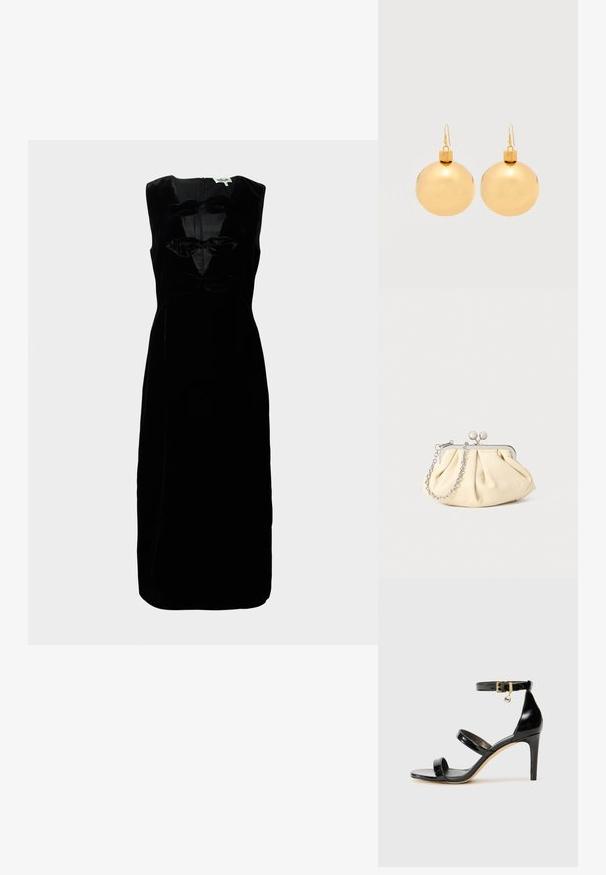 Vestido de terciopelo negro con diseño sin mangas, que presenta un escote redondeado y tres lazos texturizados en la parte delantera. Con cremallera en la parte trasera.; Sandalia de charol negro con tres correas, hebilla en el tobillo y tacón de aguja de 10 cm. Presenta detalles de hardware en oro y un charm con el logo.; Clutch de cuero beige plisado con un marco de metal plateado, que cuenta con dos broches decorativos redondos y una correa de cadena plateada.; Par de pendientes de bola navideña dorados brillantes con cierre de gancho sobre un fondo blanco liso.
