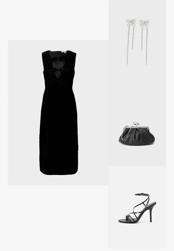Vestido de terciopelo negro con diseño sin mangas, que presenta un escote redondeado y tres lazos texturizados en la parte delantera. Con cremallera en la parte trasera.; Sándalo negro de tacón alto con tiras finas, hebilla en el tobillo, superficie de cuero suave y tacón de aguja esbelto.; Clutch de cuero negro con textura arrugada, marco de metal en tono plateado, cierre de beso y cadena para colgar. Superficie suave y lisa.; Pendientes largos de plata que presentan un conjunto de pedrería en la parte superior y tiras colgantes de pedrería más pequeña debajo.