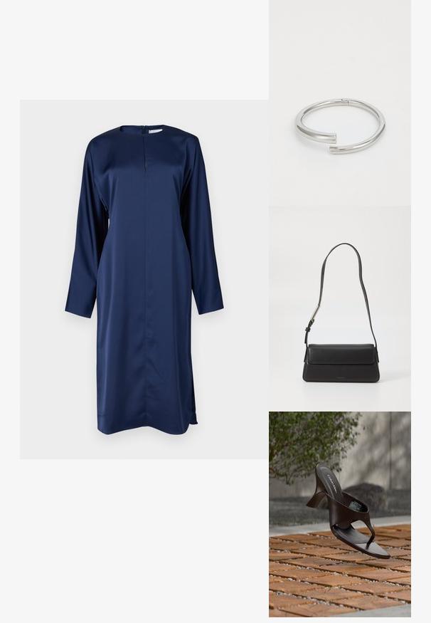 Vestido de satén azul marino con mangas largas, cuello alto y cierre trasero con cremallera. Cuenta con aberturas laterales para facilitar el movimiento y una silueta elegante.; Sandalia de tiras con tacón marrón de Calvin Klein suspendida sobre suelo exterior de loseta de madera y grava, con fondo desenfocado de vegetación y piedras.; Bolso de mano de cuero negro con forma rectangular y solapa plegable. Presenta una correa delgada y una marca mínima en la parte delantera.; Calvin Klein SPIRAL - Pulsera - silver-coloured