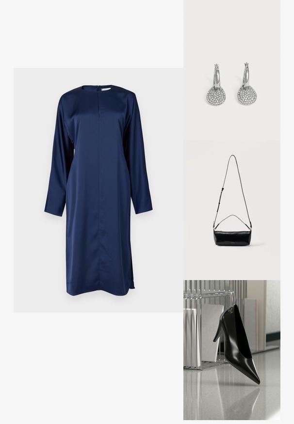 Vestido de satén azul marino con mangas largas, cuello alto y cierre trasero con cremallera. Cuenta con aberturas laterales para facilitar el movimiento y una silueta elegante.; Zapato de tacón alto negro con punta afilada y logo dorado, colocado sobre una superficie reflectante cerca de un organizador de archivos de alambre cromado con documentos.; Bolso cruzado rectangular de cuero negro con correa de hombro ajustable, cremallera superior y pequeño logo dorado de Calvin Klein en el frente.; Pendientes de aro plateados con colgantes redondos y planos incrustados con pequeños cristales transparentes sobre un fondo claro y liso.