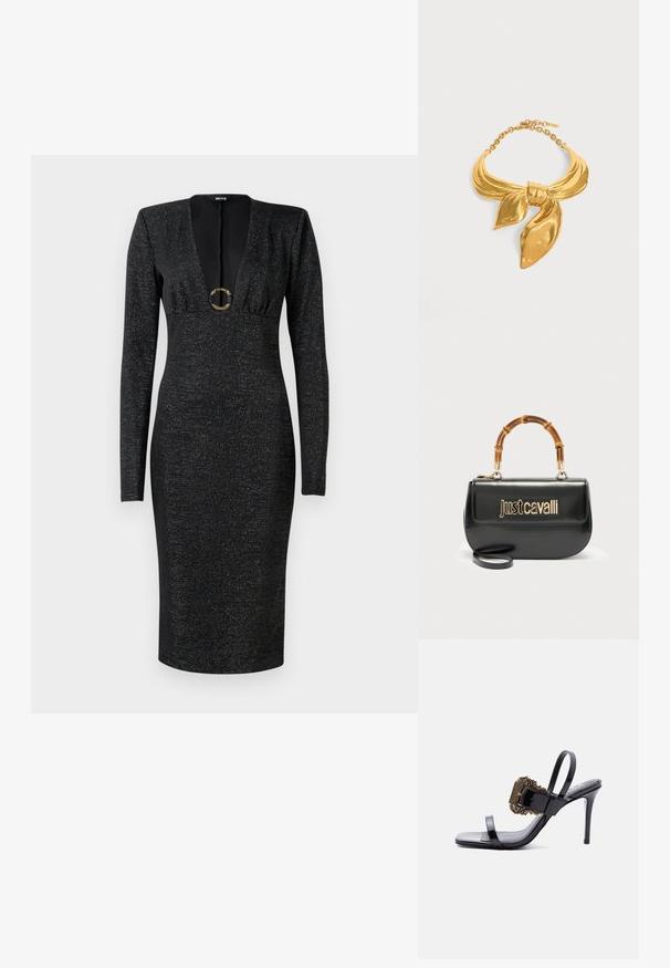 Vestido midi ajustado de manga larga negra con escote en V profundo, busto fruncido, tela con un sutil brillo y hebilla redonda dorada decorativa en el centro delantero.; Sandalia de tacón alto de charol negro con tiras delgadas y una gran hebilla dorada ornamentada en la tira frontal.; Bolso de cuero negro con el logo dorado "Just Cavalli" en el frente y asa curvada de bambú, con una correa larga desmontable.; Collar de metal en tono dorado con forma de bufanda anudada con cierre ajustable de eslabón de cadena sobre fondo blanco.