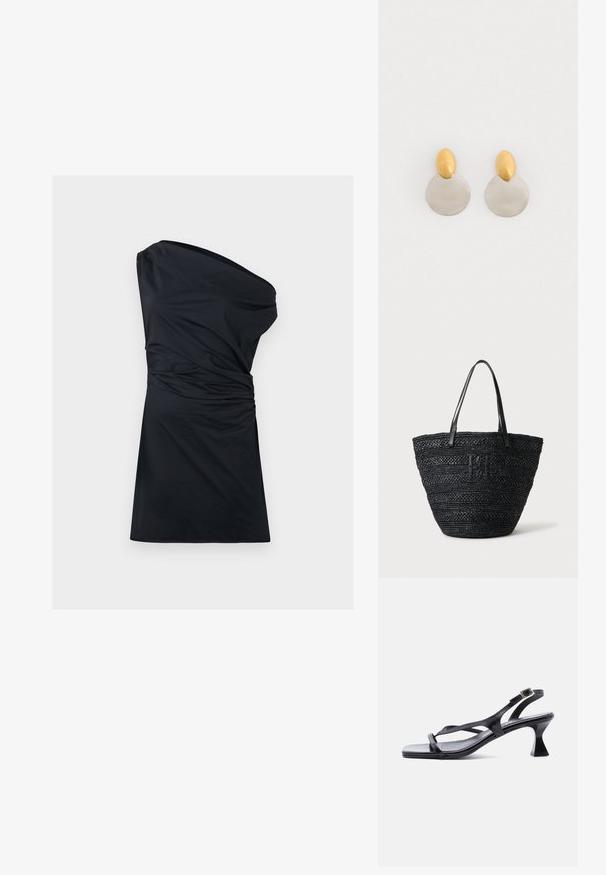 Robe noire à une épaule avec texture froncée et ourlet au genou. Fabriquée en tissu doux, elle se caractérise par une finition lisse et un design minimal.; Sandale femme en cuir noir avec fines lanières, bout carré, boucle de cheville réglable et talon mi-hauteur évasé.; Sac cabas tissé noir avec deux fines poignées en cuir et un logo tressé discret à l'avant, posé sur un fond clair.; Boucles d'oreilles en métal doré et argenté avec une base en disque rond et une pièce supérieure ovale, texture lisse et finition polie.