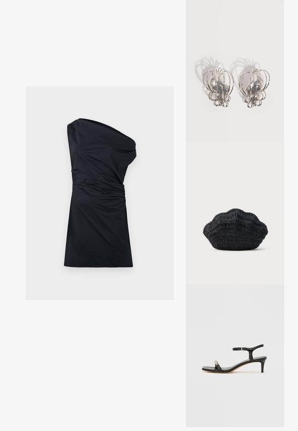 Sort étuikjole med en skulder og sammensamling, der går til knæene. Lavet af blødt stof, der har en glat overflade og et minimalistisk design.; Sort læder sandal med hæl og ankelrem, åben tå, firkantet front og sølvfarvede metalaccenter. Figurformet design med en slank profil.; Sort flet håndtaske formet som en muslingeskal med en buet top og flettet tekstur på en ensfarvet baggrund.; Par sølvøreringe i metal med åbent trådburdesign og glatte, centrale ovale former, der kaster buede skygger på en hvid baggrund.