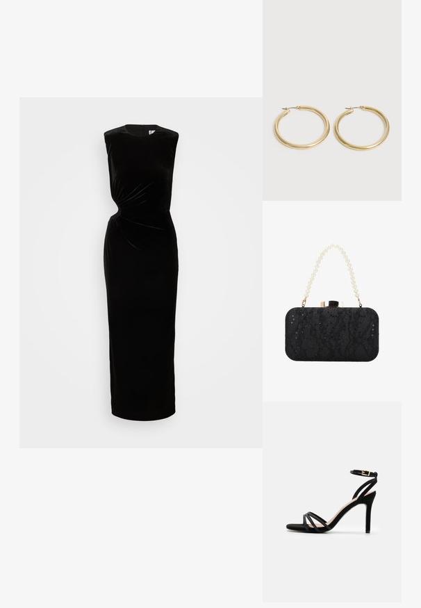 Zwart fluwelen zonder mouwen jurk met een aansluitend lijfje, draai-detail bij de taille en een lange, rechte rok. Voorzien van een ritssluiting aan de achterkant.; Anna Field Sandalen - black; Zwarte rechthoekige clutch met pailletten- en kanten textuur, parelbedekte handgreep en een goudkleurige sluiting bovenop.; Een paar gladde, glanzende gouden creooloorbellen met dunne pennen en scharnierende sluitingen op een eenvoudige lichte achtergrond.