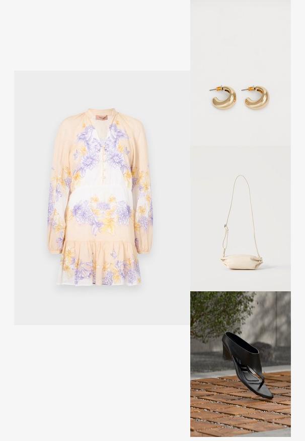 TWINSET DRESS - Jurk - lavender/yellow; Zwarte sandaal met hoge hak en teenslipperbandje, zwevend boven een patroon van houten en grind buitenoppervlak met vage begroeiing en een muur op de achtergrond.; Kleine beige leren crossbody tas met verstelbare riem, getoond tegen een effen lichte achtergrond.; Twee glanzende gouden hoepel oorbellen in een gebogen ontwerp, met oranje accenten bij de oorpost, tegen een eenvoudige witte achtergrond.