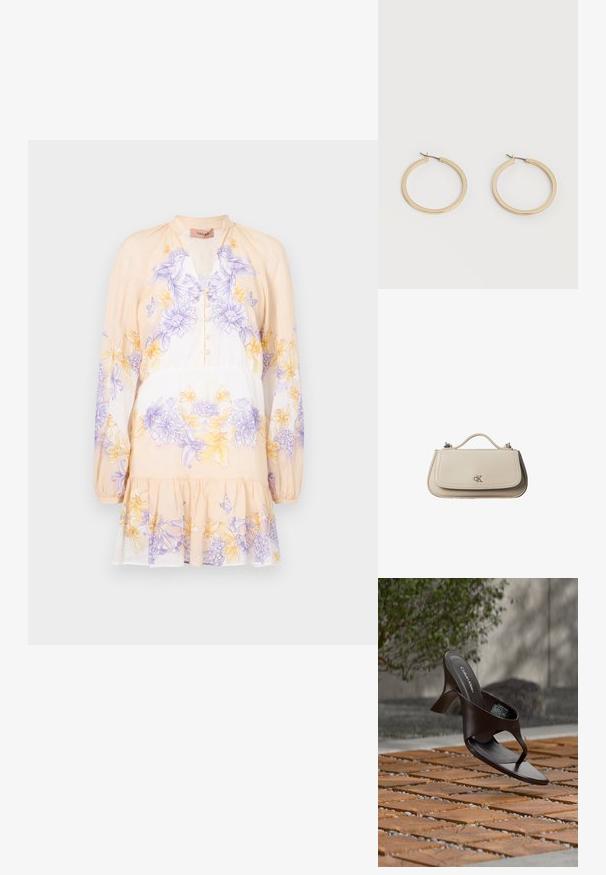 TWINSET DRESS - Φόρεμα ημέρας - lavender/yellow; Καφέ σανδάλι Calvin Klein με τακούνι και ιμάντα, κρεμασμένο πάνω από ξύλινη πλακάκια και χαλίκι σε εξωτερικό χώρο με θολό φόντο πράσινου και πέτρας.; Μικρή μπεζ δερμάτινη τσάντα χειρός με επάνω λαβή και ασημένιο λογότυπο CK στη μπροστινή πτερύγιο, εμφανίζεται σε λευκό φόντο.; Ζευγάρι απαλά χρυσά μεσαίου μεγέθους κρίκοι σκουλαρίκια με μεντεσέδες σε απλό φωτεινό φόντο.