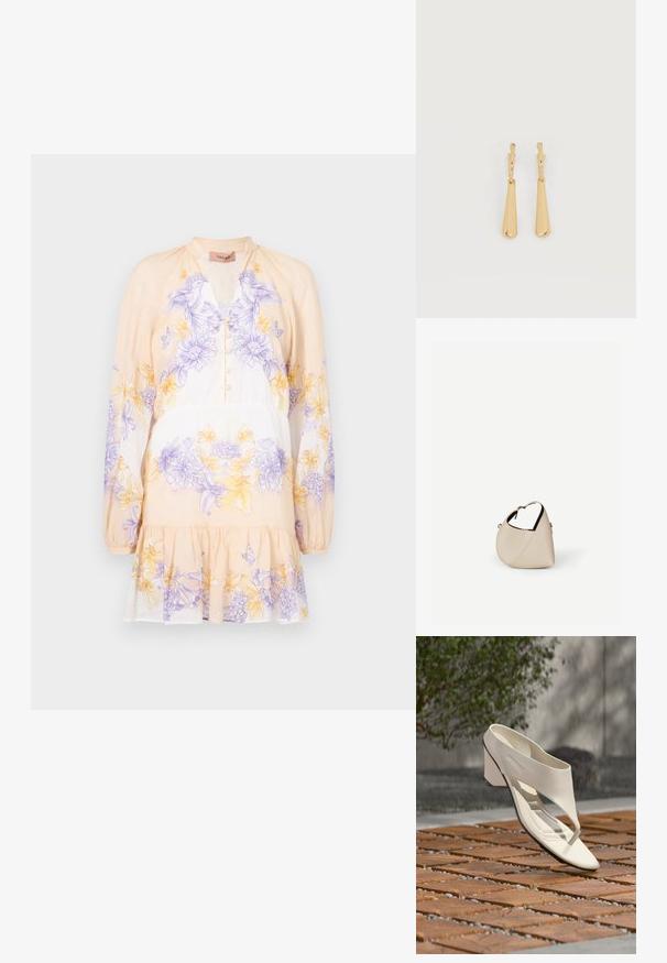 TWINSET DRESS - Denné šaty - lavender/yellow; Biela kožená sandála na podpätku so širokým remienkom a prstovým rozdeľovačom, vystavená vonku na drevenej a štrkovej dlažbe s zeleňou v pozadí.; Béžová kožená kabelka v tvare polmesiaca s jedným ramenným popruhom a minimálnym prešitím, na jednoduchom bielom pozadí.; Náušnice so zlatým tónom, visiace, s hladkými, predĺženými príveskami v tvare kvapky visiace na malých kruhových zapínaniach na bielom pozadí.