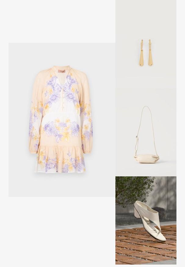 TWINSET DRESS - Päevakleit - lavender/yellow; Valge nahast kontsakingad laiade rihmade ja varbaeraldisega, eksponeeritud õues puidu ja kruusa plaatidega pinnal, taustal roheline taimestik.; Väike beež nahast rihmkott reguleeritava rihmaga, esitatud ühevärvilise heleda tausta ees.; Kullatooni ripptivad kõrvarõngad, millel on sujuvad, pikenenud pisarakuju ripatsid, mis ripuvad väikestest rõngastest kinnitustest valgel taustal.