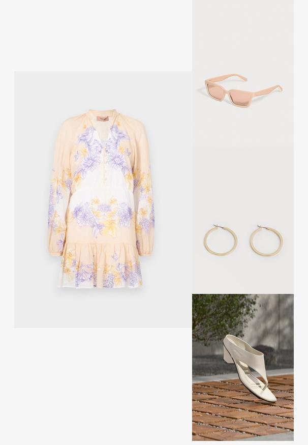 TWINSET DRESS - Vestido informal - lavender/yellow; Sandalia de tacón de cuero blanco con una tira ancha y separador de dedos, mostrada al aire libre sobre una superficie de madera y baldosas de grava con vegetación al fondo.; Gafas de sol rectangulares color melocotón claro con montura gruesa y lentes tintadas a juego sobre un fondo claro y liso.; Par de pendientes de aro de tamaño mediano con tono dorado y cierre de bisagra sobre un fondo claro y liso.