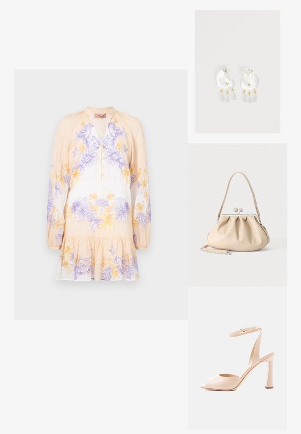 TWINSET DRESS - Φόρεμα ημέρας - lavender/yellow; Μπεζ σανδάλι με ψηλό τακούνι από δερματίνη, ανοιχτό μπροστά, λεπτό λουράκι στον αστράγαλο, χρυσή αγκράφα και καμπύλο τακούνι μπλοκ σε λευκό φόντο.; Μπεζ μαλακή δερμάτινη τσάντα με ασημένιο μεταλλικό πλαίσιο κλεισίματος, έναν μονό ιμάντα ώμου και προαιρετικό αλυσίδα ιμάντα σε λευκό φόντο.; Σκουλαρίκια σε σχήμα κοχύλι από διαυγές ρητίνη με μικρές χρυσές λεπτομέρειες και τρία κρεμαστά διαφανή διαμαντένια κρεμαστά σε κάθε σκουλαρίκι.