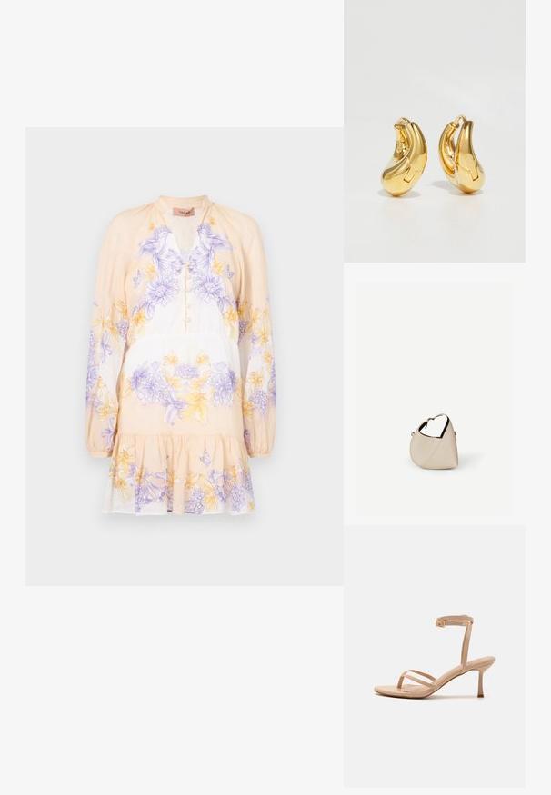 TWINSET DRESS - Päevakleit - lavender/yellow; Alasti tooniga kõrgete kontsade sandaalid õhukese pahkluu rihmaga ja koonusjalaga. Valmistatud siledast materjalist, minimalistlik disain ja ilma mustriteta.; Beežist nahast poolkuukujuline õlakott, millel on üks õlarihm ja minimaalne õmblemine, valgel taustal.; Kuldne rõngastüüpi kõrvarõngad sujuva, kõverdatud kujuga ja läikiva viimistlusega. Omavad sulgemismehhanismi ja väikeseid süvendusi detailideks.