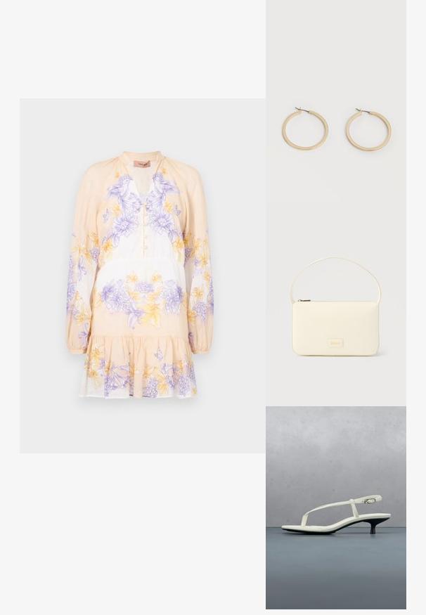 TWINSET DRESS - Jurk - lavender/yellow; Witte sandaal met smalle bandjes en kitten heel, met een spitse neus, zwevend boven een houten tegelvloer buiten, met op de achtergrond een wazige plant en muur.; Roomkleurige rechthoekige handtas met een enkele draagband en een ritssluiting aan de bovenkant, met een klein ingegraveerd logoplacaat op de voorkant.; Een paar gladde goudkleurige middelgrote creooloorbellen met scharniersluitingen op een effen lichte achtergrond.