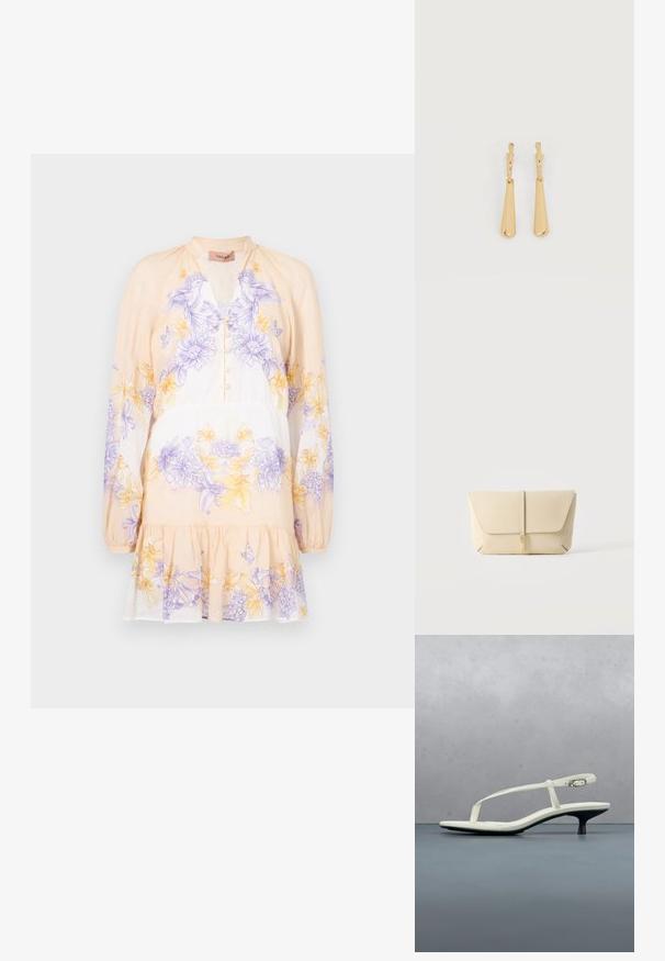 TWINSET DRESS - Vestido informal - lavender/yellow; Sandalia blanca de tacón kitten con tiras y punta afilada, flotando sobre un suelo de baldosas de madera al aire libre, con un fondo desenfocado de plantas y pared.; Bolso de mano beige de cuero con solapa frontal y cierre vertical con correa, sobre un fondo claro y liso.; Pendientes colgantes en tono dorado con colgantes alargados y suaves en forma de lágrima, colgando de cierres de aros pequeños sobre un fondo blanco.