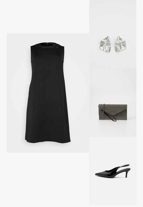 Ærmeløs sort kjole i glat stof, med en rund halsudskæring prydet med sorte detaljer. Lige silhuet med en lynlås i ryggen.; Sort spids slingback kitten heel-sko med en række små klare rhinsten på remmen mod en hvid baggrund.; Metallic grå clutch pung med struktureret mesh mønster, kuverter design, kæde rem og en slank, tynd håndledsrem.; Sølvmetal øreringe med et bølgende, skulpturelt design, der har en poleret overflade og uregelmæssige former, hvilket fremhæver en moderne æstetik.