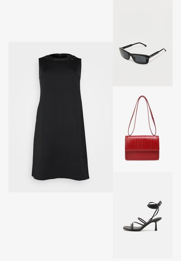 Ærmeløs sort kjole i glat stof, med en rund halsudskæring prydet med sorte detaljer. Lige silhuet med en lynlås i ryggen.; Sort strappy sandal med firkantet tå, justerbare ankelbind og en slank, blokhæl. Fremstillet af et glat, holdbart materiale.; Sorte rektangulære solbriller med mørke linser, der har en blank plastramme og dekorerede templer med små runde udskæringer.; Rød crossbody taske i kunstlæder med et tekstureret, krokodillelignende mønster. Har klaplukning og en enkelt justerbar rem.