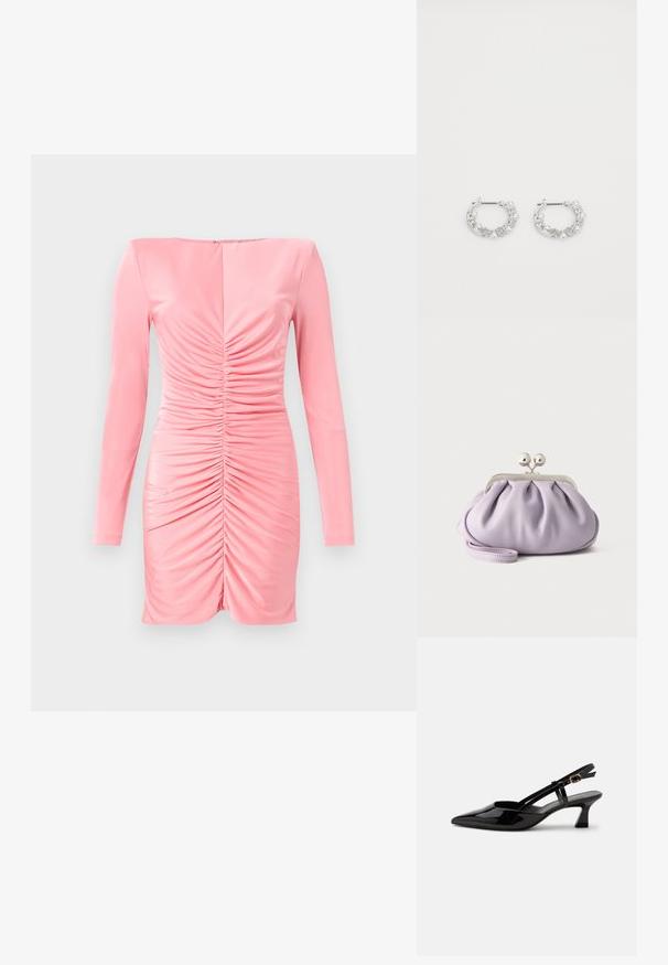 Aansluitend langilobi jurk in lichtroze stof met geplooide details aan de voorkant, voorzien van een vierkante halslijn en een ritssluiting aan de achterkant.; Zwarte lakleren slingback kitten heel schoen met spitse neus en verstelbare gouden gespsluiting op een witte achtergrond.; Zachte lavendelkleurige clutch met geplooide stof, zilveren kiss-lock sluiting en bijpassend polsbandje op een effen lichte achtergrond.; Zilveren oorringen met parel- en kristalaccenten, met een gestructureerd oppervlak en een veilige postsluiting.