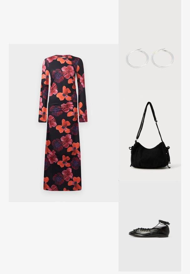 Robe florale en tissu noir avec des manches longues et un col rond. Le design comprend de grands motifs floraux rouges et violets. Texture lisse.; Ballerines en cuir verni noir avec un bout rond, un design à lacets et une semelle plate. Texture lisse avec peu de détails.; Sac à épaule en velours côtelé noir avec une forme courbée, bandoulière réglable et fermetures à cordon des deux côtés pour un ajustement de taille.; Paire de boucles d'oreilles créoles argentées brillantes avec fermoirs en fil fin, présentée sur un fond gris clair.