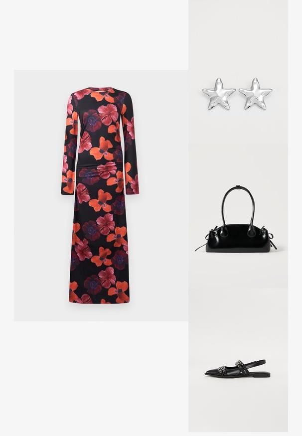 Robe florale en tissu noir avec des manches longues et un col rond. Le design comprend de grands motifs floraux rouges et violets. Texture lisse.; Even&Odd by Zalando Ballerines à brides arrière - black; Petit sac à main noir brillant avec deux longues anses et des détails à cordon sur les côtés sur un fond clair uni.; Boucles d'oreilles argentées en forme d'étoile, avec une surface lisse et brillante. Chaque boucle d'oreille possède cinq pointes et des détails subtils de texture de surface.