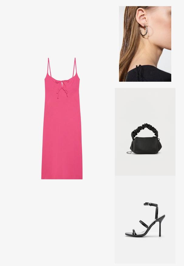 Aansluitende roze jurk met dunne bandjes, voorzien van een strikdetail bij de halslijn en een gladde, lichte stof. Geen patronen of accenten.; Zwarte gepatineerde leren hoge hak sandalen met drie horizontale banden en een verstelbare enkelband. Slanke silhouette en glanzende afwerking.; Zwarte handtas met een ronde vorm, gemaakt van glad materiaal. Voorzien van een zachte, geplooide hengsel en een metalen kettingschouderband voor veelzijdigheid.; Zilveren oorbel met een gepolijste afwerking, met kleine gouden accentdetails en een ronde vorm, gedragen op de oorlel.