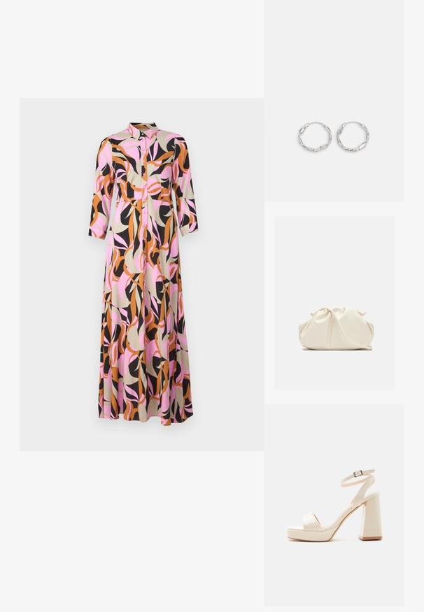 Lang skjorte kjole lavet af stof med en blanding af abstrakte pink, sorte, beige og brune mønstre; har trekvartærmer.; Beige platformsandal med tyk blokhæl, åben tå og ankelrem med metalspænde på hvid baggrund.; Blød, cremefarvet læder clutch taske med samlet, rynket design og en tynd skulderrem, der hviler foran på en ensfarvet baggrund.; Sølv hoops med en bølget, uregelmæssig tekstur. Har en tynd, cirkulær form og en reflekterende finish.