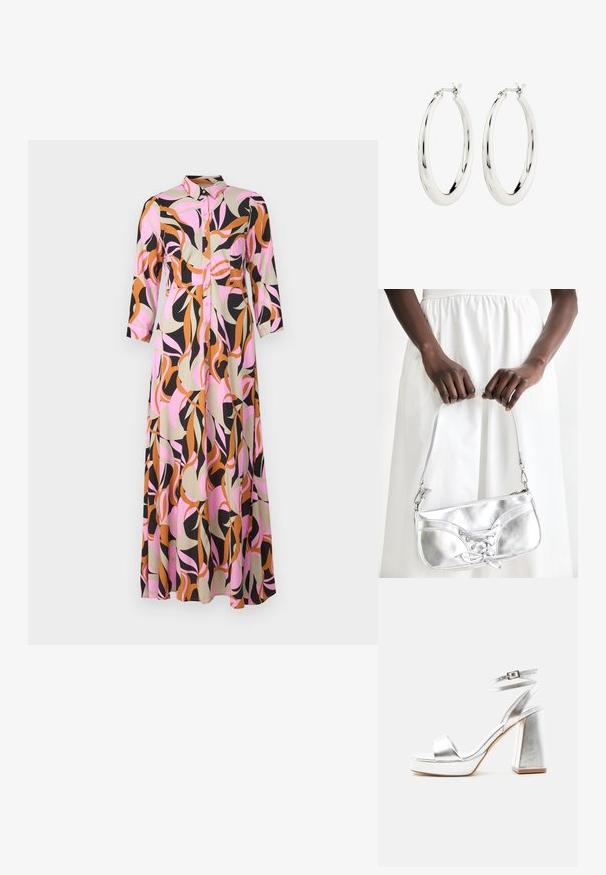 Lang skjorte kjole lavet af stof med en blanding af abstrakte pink, sorte, beige og brune mønstre; har trekvartærmer.; Sølv metallic højhælet sandal med ankelrem, blokhæl og åben tå på en ensartet lys baggrund.; Sølvmetallic håndtaske med snøredetaljer, der har et slankt design og en kort strop. Tasken holdes i hænderne for at fremvise dens tekstur.; Sølvøreringe i form af hoops med en glat, blank finish. Cirkulær form, der har en sikker lås. Simpelt og elegant design.