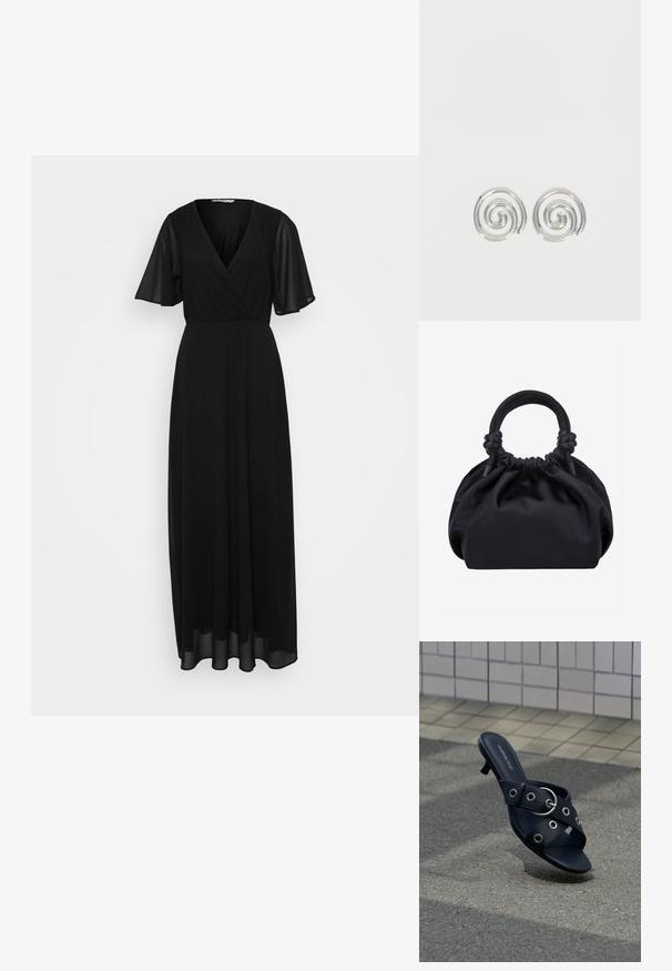 Vestido maxi negro con mangas cortas acampanadas, escote en V y diseño de cintura fruncida. La tela es suave con una silueta fluida.; Sandalia negra de tacón con tiras cruzadas que presentan ojales plateados y una hebilla redonda, situada sobre un pavimento texturizado junto a una pared con azulejos.; Bolso de mano de tela negra suave con parte superior fruncida y asas acolchadas circulares atadas con nudos a cada lado.; Par de pendientes de aro espiral plateados con diseño liso y redondeado sobre un fondo blanco liso.