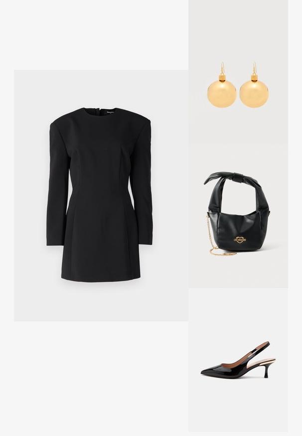 Robe noire structurée avec des manches longues, un col montant et des épaulettes prononcées. Silhouette ajustée se rétrécissant vers un ourlet court. Texture lisse.; Escarpin slingback en cuir verni noir avec bout pointu et petit talon kitten sur fond blanc uni.; Sac à main Love Moschino en cuir noir souple avec poignée nouée et bandoulière chaîne dorée sur fond blanc.; Paire de boucles d'oreilles boule de Noël dorées brillantes avec fermoirs à crochet sur fond blanc uni.