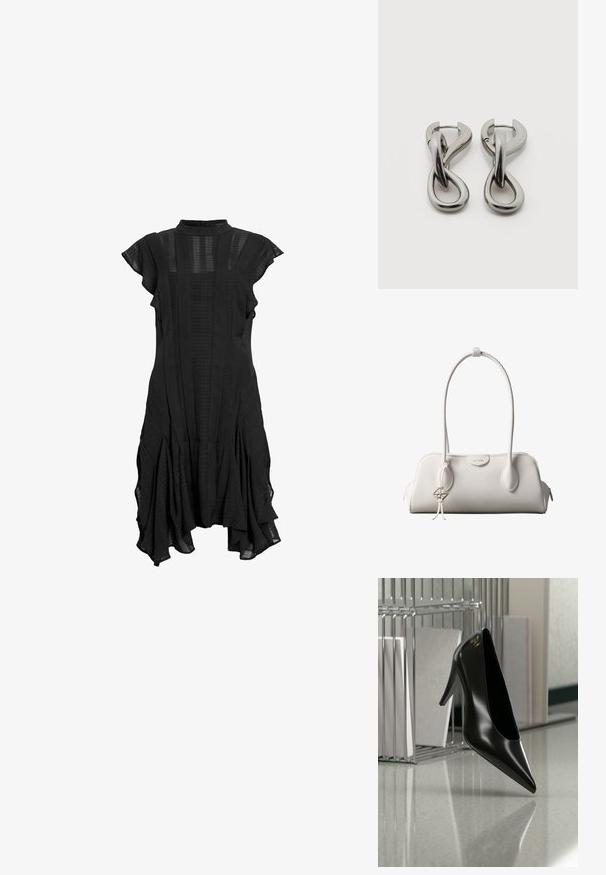 Vestido negro con cuello alto, mangas cortas y acampanadas, paneles texturizados y dobladillo acampanado, que presenta una mezcla de tela lisa y con estampados.; Zapato de tacón alto negro con punta afilada y logo dorado, colocado sobre una superficie reflectante cerca de un organizador de archivos de alambre cromado con documentos.; Bolso de hombro blanco de Calvin Klein con asas largas, forma rectangular, cierre de cremallera y charm decorativo con el logo colgando cerca del asa.; Par de pendientes de metal con acabado plateado y diseño abstracto de bucles entrelazados sobre un fondo blanco.