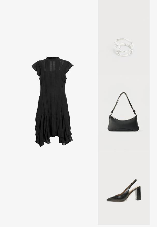 Vestido negro con cuello alto, mangas cortas y acampanadas, paneles texturizados y dobladillo acampanado, que presenta una mezcla de tela lisa y con estampados.; Zapato slingback de piel negra con puntera puntiaguda, tacón alto y ancho, y forro interior beige sobre un fondo claro y liso.; Bolso de hombro de cuero negro con forma rectangular curvada, cadena dorada entrelazada en una correa negra trenzada y cierre superior con cremallera.; Anillo de metal plateado con un diseño retorcido y un acabado suave. El anillo presenta una forma abierta con un acento en espiral y una apariencia minimalista.