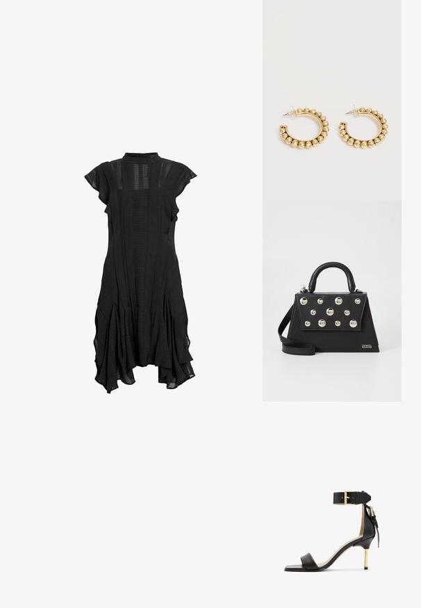 Vestido negro con cuello alto, mangas cortas y acampanadas, paneles texturizados y dobladillo acampanado, que presenta una mezcla de tela lisa y con estampados.; Sándal de tacón de cuero negro con punta cuadrada, correa en el tobillo con hebilla dorada y un tacón metálico esbelto. Textura suave, diseño minimalista.; Bolso de mano negro con forma estructurada, que cuenta con un asa superior, una correa para el hombro y remaches metálicos decorativos en la parte frontal.; Par de pendientes de aro en tono dorado con detalles de cuentas redondeadas a lo largo del borde exterior sobre un fondo claro.