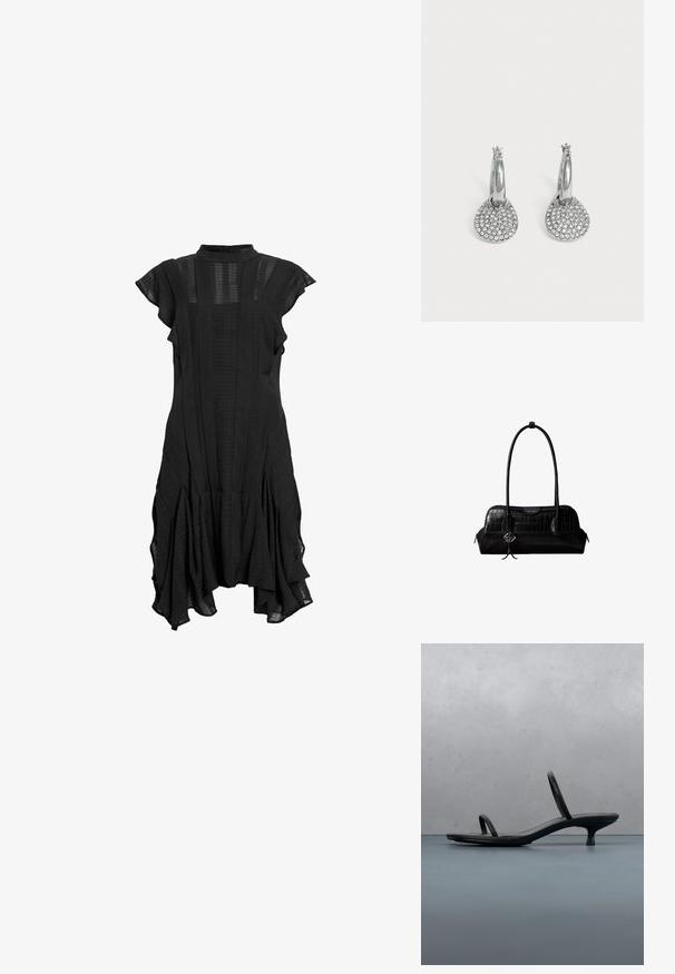 Vestido negro con cuello alto, mangas cortas y acampanadas, paneles texturizados y dobladillo acampanado, que presenta una mezcla de tela lisa y con estampados.; Sandalia de tacón negra Calvin Klein con tiras finas, equilibrada sobre baldosas de madera al aire libre cerca de una pared y vegetación.; Bolso de hombro negro de cuero con textura de cocodrilo, con correas largas y un pequeño colgante de logo plateado en una correa.; Pendientes de aro plateados con colgantes redondos y planos incrustados con pequeños cristales transparentes sobre un fondo claro y liso.