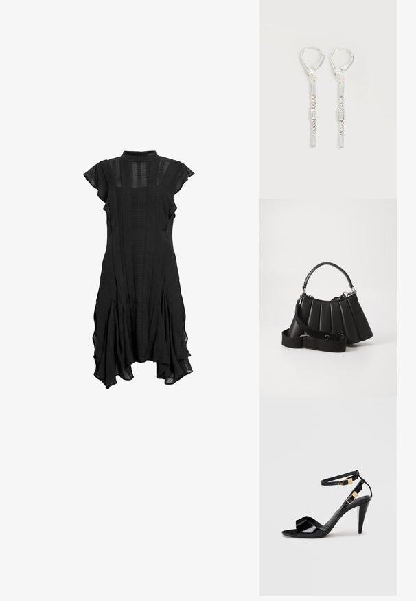 Vestido negro con cuello alto, mangas cortas y acampanadas, paneles texturizados y dobladillo acampanado, que presenta una mezcla de tela lisa y con estampados.; Sандalia de tacón alto de charol negro con dobles correas en el tobillo y hebillas doradas, punta abierta y tacón delgado y afilado sobre un fondo neutro.; Bolso de mano negro con pliegues, manejo redondeado, correa ajustable y textura brillante. Presenta herrajes plateados y una silueta estructurada.; Pendientes colgantes de plata con cristales transparentes rectangulares y redondos en una línea vertical, asegurados con cierres tipo leverback.