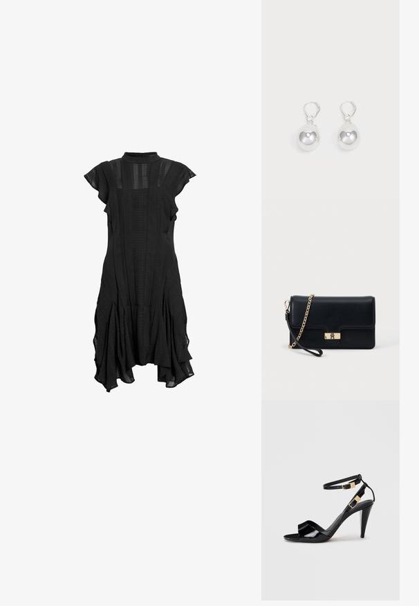 Vestido negro con cuello alto, mangas cortas y acampanadas, paneles texturizados y dobladillo acampanado, que presenta una mezcla de tela lisa y con estampados.; Sандalia de tacón alto de charol negro con dobles correas en el tobillo y hebillas doradas, punta abierta y tacón delgado y afilado sobre un fondo neutro.; Bolso de mano de cuero negro con un cierre y cadena en tono dorado. Diseño compacto con una textura suave y un detalle mínimo.; Pendientes de plata en forma de gota con superficies redondas y reflectantes colgando de cierres de palanca. El fondo es blanco liso.