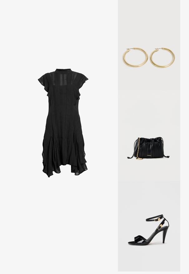 Vestido negro con cuello alto, mangas cortas y acampanadas, paneles texturizados y dobladillo acampanado, que presenta una mezcla de tela lisa y con estampados.; Sандalia de tacón alto de charol negro con dobles correas en el tobillo y hebillas doradas, punta abierta y tacón delgado y afilado sobre un fondo neutro.; Bolso de mano negro de cuero plisado con cordón ajustable, cadena dorada como asa y un pequeño detalle horizontal dorado en la parte frontal.; Par de pendientes de aro de oro liso y brillante con postes delgados y cierres con bisagra sobre un fondo claro y sencillo.