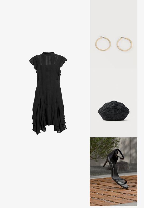 Vestido negro con cuello alto, mangas cortas y acampanadas, paneles texturizados y dobladillo acampanado, que presenta una mezcla de tela lisa y con estampados.; Sandalia negra de tacón alto con correa en el tobillo, parece suspendida sobre un suelo de baldosas de madera al aire libre, con un fondo difuminado de vegetación y piedra.; Bolso de mimbre negro con forma de concha de vieira con parte superior curva y textura tejida sobre un fondo liso.; Par de pendientes de aro de tamaño mediano con tono dorado y cierre de bisagra sobre un fondo claro y liso.