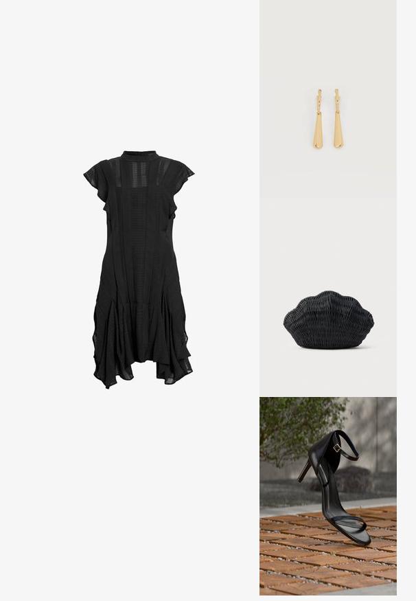 Robe noire avec un col haut, des manches courtes à volants, des panneaux texturés et un ourlet évasé, présentant un mélange de tissu lisse et à motifs.; Sandale noire à talon haut avec sangle à la cheville, suspendue au-dessus d'un sol en carreaux de bois à l'extérieur, avec un arrière-plan flou de verdure et de pierre.; Sac à main en osier noir en forme de coquille Saint-Jacques avec un dessus courbé et une texture tressée sur un fond uni.; Boucles d'oreilles pendantes en ton or avec des pendentifs lisses en forme de goutte allongée suspendus à de petites attaches en forme d'anneau sur un fond blanc.
