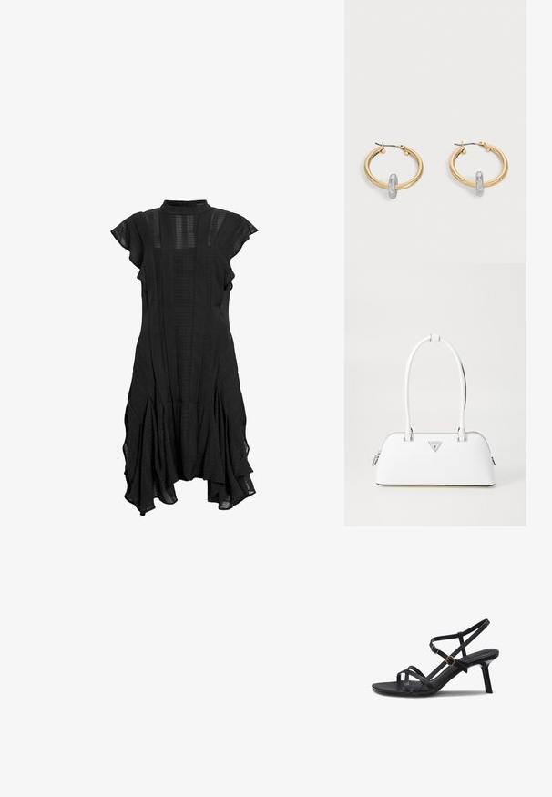 Robe noire avec un col haut, des manches courtes à volants, des panneaux texturés et un ourlet évasé, présentant un mélange de tissu lisse et à motifs.; Sandale noire en cuir à brides avec deux boucles dorées et un talon stiletto de hauteur moyenne sur fond blanc.; Sac à main en cuir blanc avec une forme courbée, présentant un logo triangulaire argenté et une fermeture à glissière. Texture lisse et doubles poignées.; Paire de boucles d'oreilles créoles dorées avec un petit détail boucle ton argent sur chaque, exposées sur fond gris clair.
