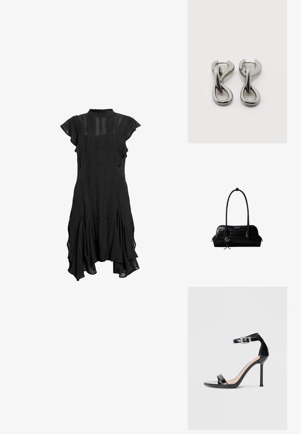 Sort kjole med høj krave, korte bølgede ærmer, teksturerede paneler og vidde i kantene, med en blanding af glat og mønstret stof.; Sort højhælet sandal i laklæder med ankelrem. Har minimalistisk design, åben tå og spænde med rhinsten-detaljer.; Sort skuldertaske i krokodillelæder med lange stropper og lille sølvlogo-charm på den ene strop.; Par af sølvtonede metale øreringe med abstrakt sammenflettet løbedesign på hvid baggrund.