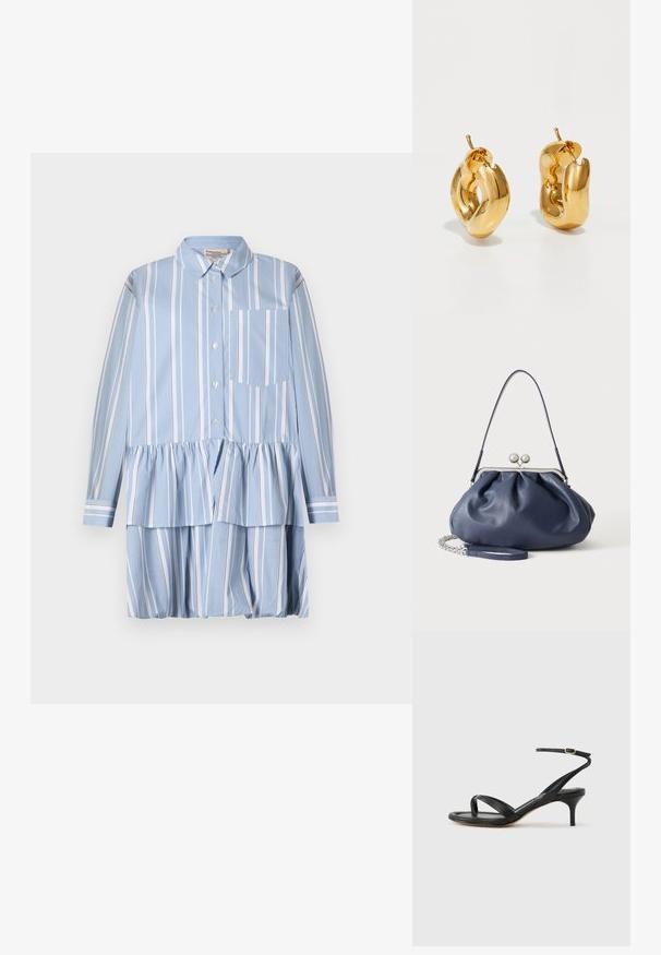 Robe chemise bleu clair à rayures verticales blanches, avec un bas volanté, des manches longues et une poche à rabat sur le côté gauche.; Sandale pour femme en cuir noir avec fines lanières, une boucle d'orteil, une boucle à la cheville et un talon aiguille de hauteur moyenne sur un fond neutre.; Sac à main en cuir bleu marine doux avec fermeture à boucle argentée, une seule bandoulière, et une chaîne de poignet amovible sur fond blanc.; Boucles d'oreilles créoles en or massif avec un design tubulaire légèrement tordu et des fermoirs à tige sur un fond blanc.
