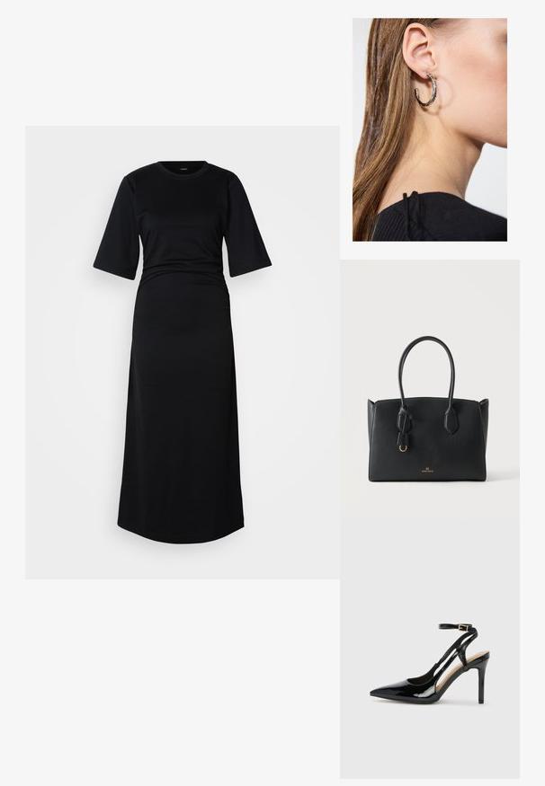 Zwarte katoenen maxi-jurk met korte mouwen, een ronde halslijn en geplooide details in de taille, met een soepele textuur en eenvoudig design.; Zwarte lakleren hoge hak slingback schoenen met spitse neus, verstelbare enkelband en open zijkanten. Gladde textuur.; Zwarte rechthoekige handtas met twee handvatten, een klein gouden ringdetail en het "ANNA FIELD"-logo middenvoor tegen een witte achtergrond.; Zilveren oorbel met een gepolijste afwerking, met kleine gouden accentdetails en een ronde vorm, gedragen op de oorlel.