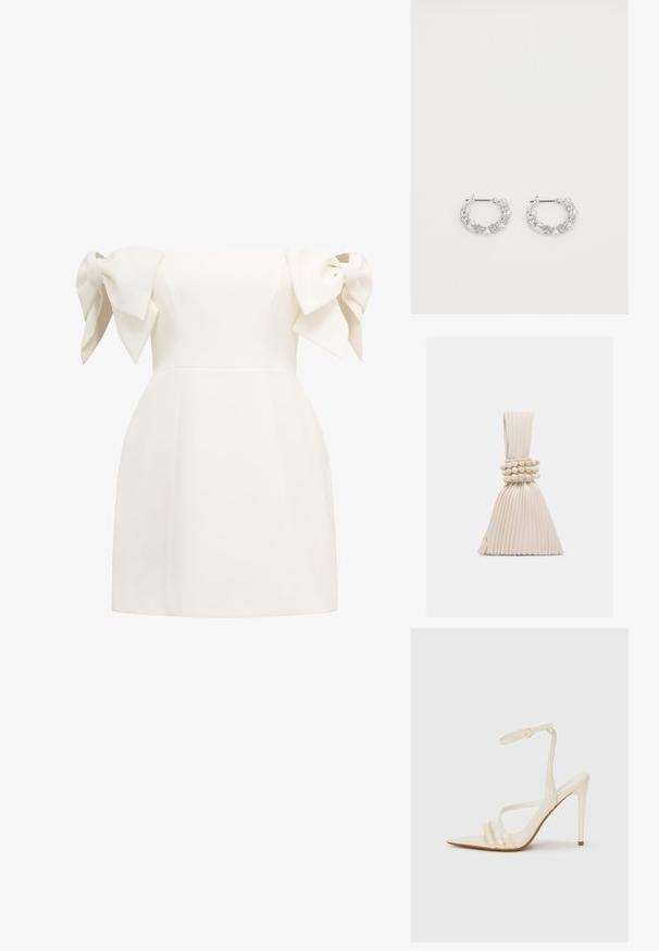 Weißes Off-Shoulder-Kleid mit großen Schleifenakzenten an den Ärmeln, eng anliegendem Oberteil und schwingendem Saum. Glatte Textur, minimalistisches Design.; Beige Sandaletten mit hohem Absatz und spitzer Schuhspitze, ausgestattet mit drei vorderen Riemen und einem dünnen Knöchelriemen mit Schnalle. Glatte Textur, minimalistisches Design.; Kleine beigen Faltentasche mit einem verknoteten Griff und drei runden Perlenarmbändern, die um die Mitte gewickelt sind.; Silberne Creolen mit Perlen- und Kristallakzenten, ausgestattet mit einer strukturierten Oberfläche und einem sicheren Steckverschluss.