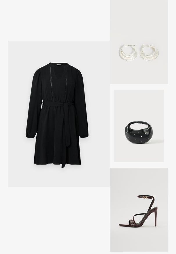 Vestido negro con mangas largas, escote en V, cintura elástica y un cinturón de tela. Cuenta con detalles de costura vertical a lo largo del frente.; Sandalia de tacón alto de charol burdeos con tira en el tobillo, punta afilada y tres tiras horizontales en el pie. Detalle de hebilla en tono dorado.; Bolso de mano de cuero negro con forma redondeada, decorado con detalles de tachuelas plateadas y un asa corta. Textura lisa y cierre con cremallera.; Pendientes de aro de plata con tres bandas semicirculares superpuestas, una adornada con pequeños cristales transparentes sobre un fondo claro.