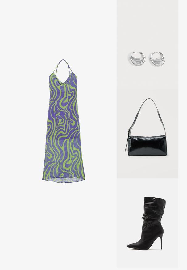 Vestido con patrón de remolinos en púrpura y verde, con escote drapeado y tirantes halter, hecho de una tela ligera, que presenta un diseño largo y fluido.; Even&Odd Wide Fit by Zalando Botines de tacón - black; Bolso de hombro rectangular negro con una correa ajustable y un cierre de cremallera superior sobre un fondo liso.; Par de pendientes de aro plateados pulidos con diseño de barra curva en capas sobre un fondo claro y liso.