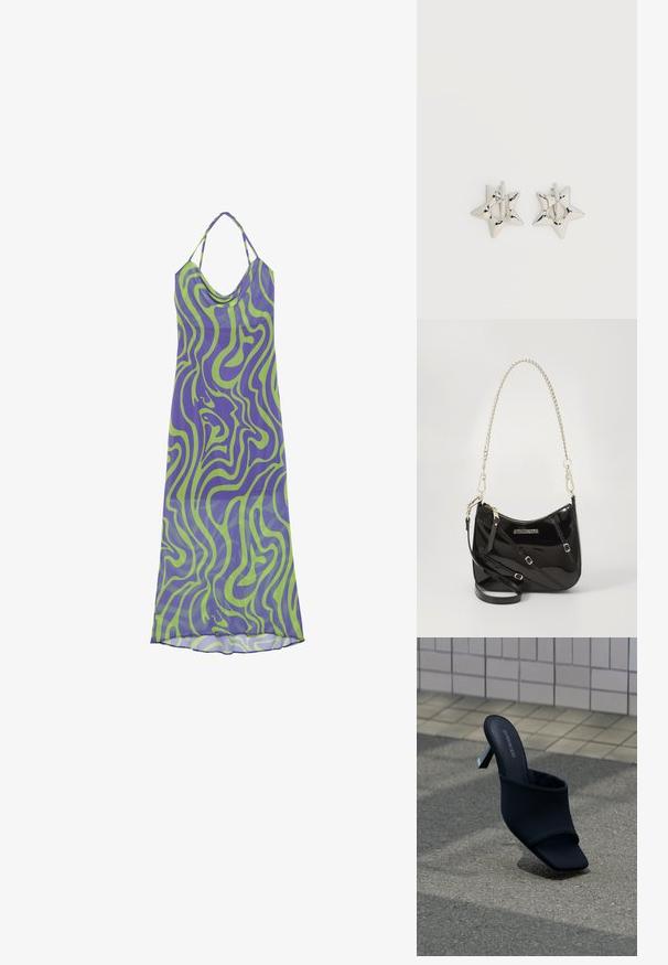 Lilla og grøn swirl-mønstrede kjole med en cowl-udskæring og halter-stropper, lavet af letvægtsstof, med et langt, flydende design.; Sort åben tå mule med blokhæl og firkantet tå, mærket "EVEN&ODD," placeret på gråt fortov nær flisebelagt væg.; Sort patentlæder crossbody taske med en buet form, sølv kædestrop, hardware i guld-tone og justerbar skulderstrop.; Sølv stjerneformede øreringe med en glat, poleret finish på en ensfarvet hvid baggrund.