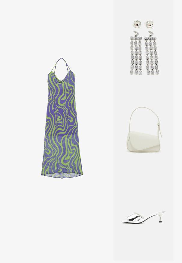 Robe à motif tourbillon violet et vert avec un col drapé et des bretelles halter, en tissu léger, présentant un design long et fluide.; Sandale argentée à bout ouvert, mule avec petit talon kitten et finition métallique brillante sur fond neutre.; Sac à main en cuir synthétique blanc avec une forme triangulaire structurée, une bandoulière unique réglable et un rabat à courbes accentuées.; Boucles d'oreilles en cristal avec des accessoires en ton argent, comportant un clou carré et des rangées en cascade de cristaux rectangulaires et octogonaux.