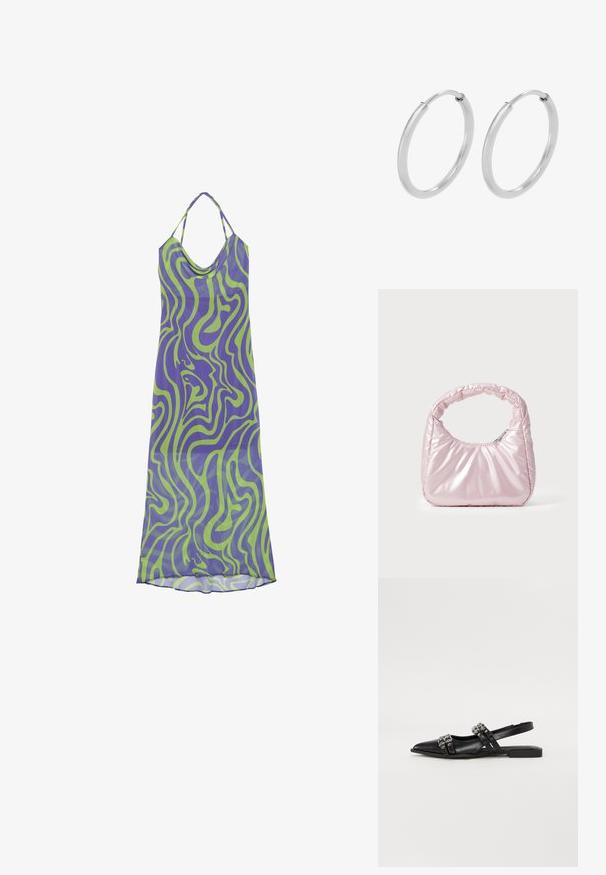 Paarse en groene jurk met een spiraalpatroon, voorzien van een boothals en halterbandjes, gemaakt van lichte stof, met een lange, vloeiende uitstraling.; Even&Odd Slingback ballerina´s - black; Roze, gevoerde handtas met een afgeronde vorm, gemaakt van glanzend materiaal. Beschikt over een geplooide handgreep en een ritssluiting voor veilige toegang.; Zilveren hoepeloorbellen, cirkelvormig, met een gladde glanzende textuur en een constante breedte. Minimalistisch ontwerp zonder extra accenten.