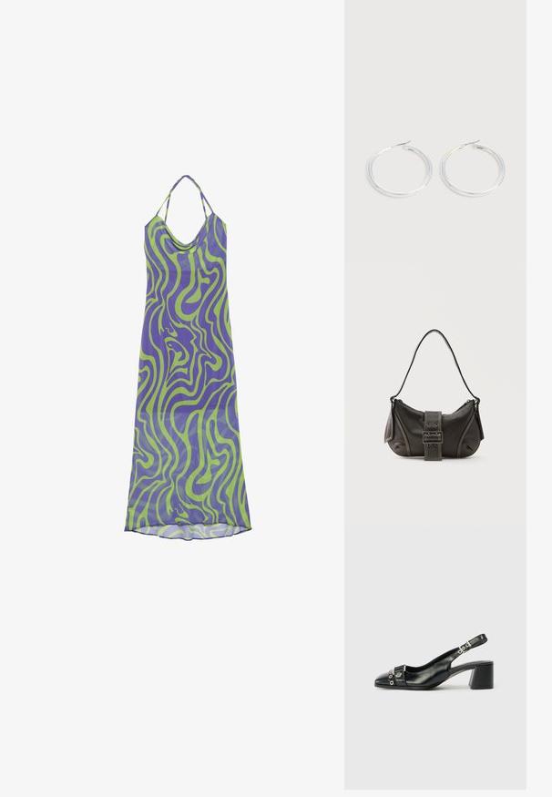 Paarse en groene jurk met een spiraalpatroon, voorzien van een boothals en halterbandjes, gemaakt van lichte stof, met een lange, vloeiende uitstraling.; Zwart leren slingback hak met een spitse neus, eenTextuur strap met cirkelvormige metalen accenten en een gestapelde blokhak.; Zwarte leren schoudertas met gespsluiting aan de riem, afgeronde hoeken en contrasterende witte stiksels op een effen achtergrond.; Een paar glanzende zilveren oorringen met dunne draadafsluitingen, getoond op een lichtgrijze achtergrond.
