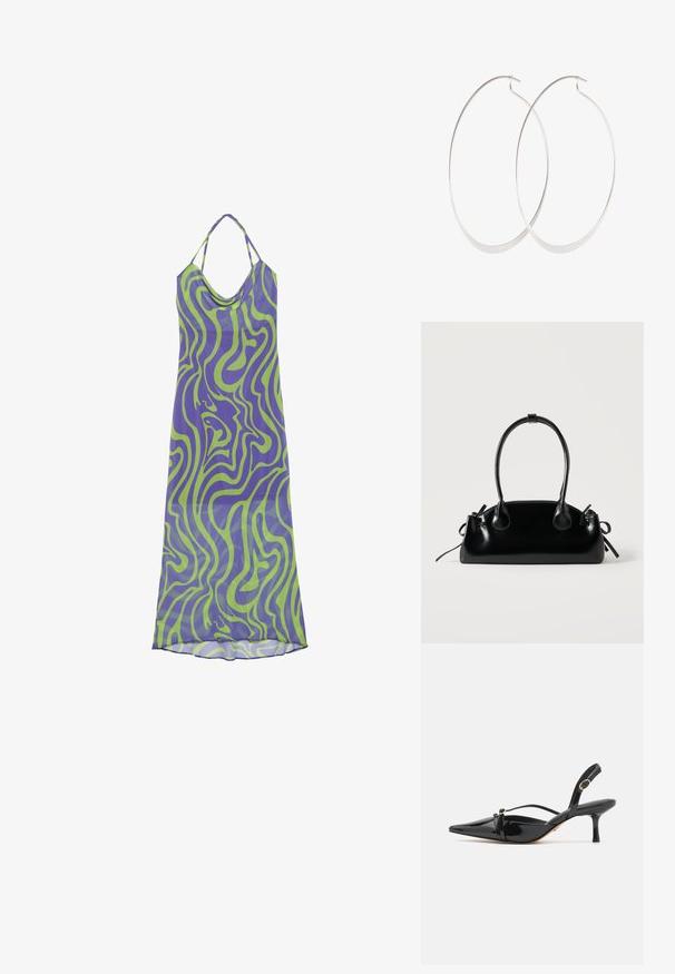 Ein lila und grünes Kleid mit Wirbelmuster, das einen Cowl-Ausschnitt und Halterträger hat. Es besteht aus leichtem Stoff und zeichnet sich durch ein langes, fließendes Design aus.; ALDO MARIETTA PILLOW WALK - Pumps - black; Kleine schwarze glänzende Handtasche mit zwei langen Griffen und seitlichen Kordelzug-Details vor einfachem hellem Hintergrund.; Silberne Creolen mit einem dünnen, glatten Design; länglich-ovale Form; polierte Oberfläche; ausgestattet mit einem sicheren Hakenverschluss.
